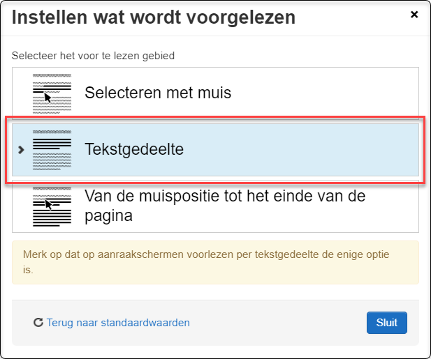 Dialoog 'Instellen wat wordt voorgelezen'