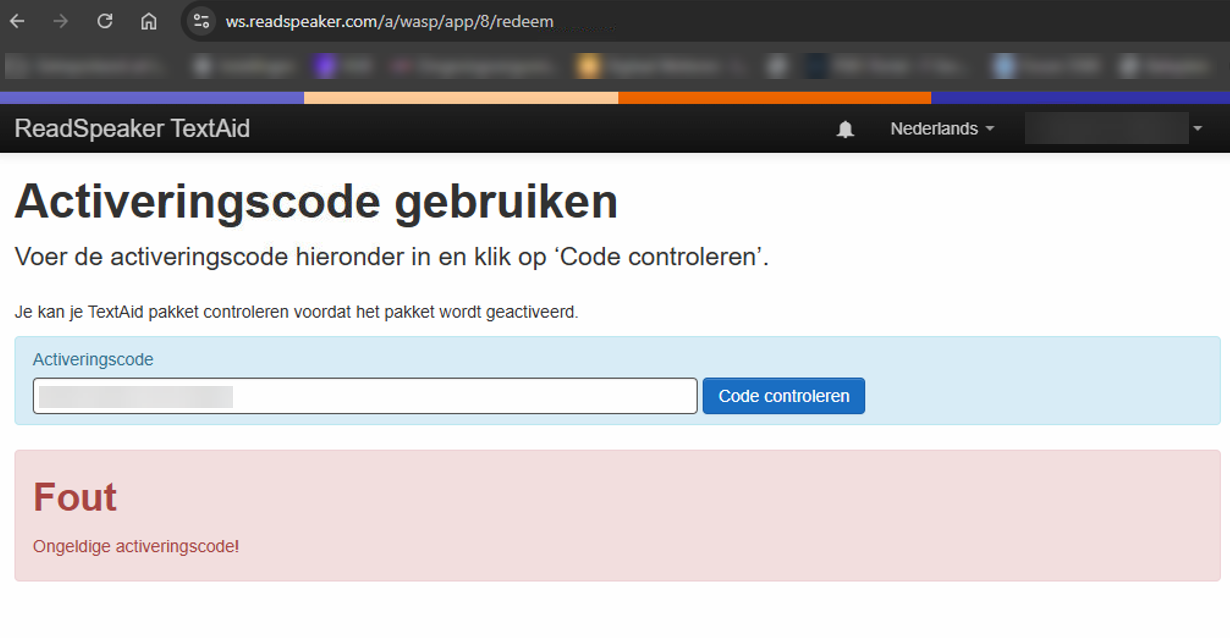 Invullen activeringscode in TextAid