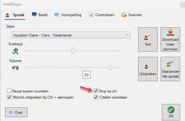 ClaroRead-optie 'Stop na zin'