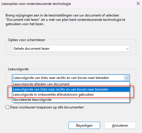 Adobe Acrobat Reader-optie 'Leesvolgorde'